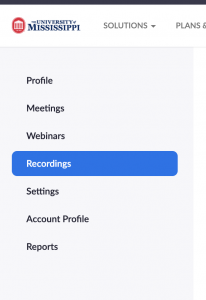 Zoom account menu with Recordings highlighted. 